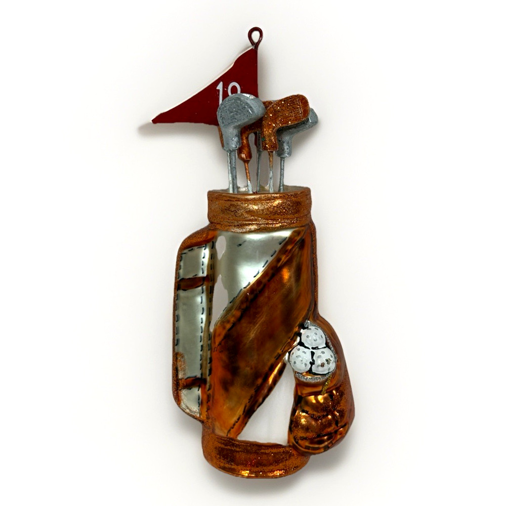 Kurt Adler Golf Bag with Clubs Glass Christmas Ornament 5" Brown Glitter 18
